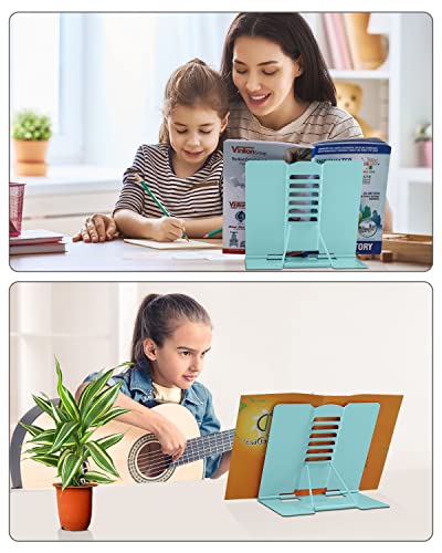 MSDADA Desk Book Stand Metal Reading Rest Book Holder Adjustable Cookbook Documents Holder Portable Sturdy Bookstands for Recipes Textbooks Tablet Music Books with Page Clips (Light Lake Green) - color: Light Lake Green