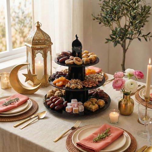 Iwa Concept Ramadan 3-Tier Dessert Stand with Dome Silhouette – Eid Mubarak Table Centerpiece, Islamic Acrylic Tower for Dates, Sweets & Pastries, 12in or 17.7in, 4 Colors - color: Black, size: 17.7" x 17.7"