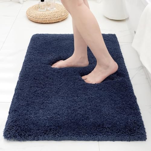 Bathroom Rugs Non Slip Washable 32x20, Ultra Thick Soft Microfiber Absorbent Bath Mats, High Density Foam Latex Non Slip Backing Bath Rugs, Fluffy Floor Carpet for Tub&Shower, Navy - color: Navy Blue, size: 32" X 20"(Bathroom Rug)