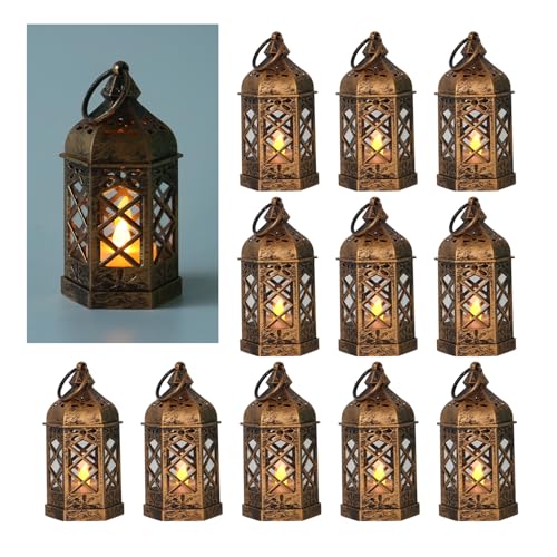 LLQ 12Pcs Mini Lantern for Centerpieces, Small Candle Lanterns Decorative Indoor, Vintage Hanging Moroccan Lantern for Halloween Decorations, Christmas Centerpieces for Tables, Wedding Table Decor - color: Brushed Bronze
