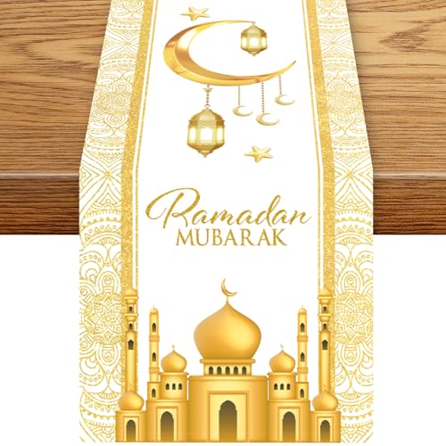 Golden Ramadan Table Runner, Rustic Ramadan Kareem Moon Castle Mandala Mubarak Eid Star Coffee Table Center Decor for Kitchen Dining Holiday Home Outdoor Party Table Decorations, 13"x36" - color: Ramadan-5, size: 13“ X 36"