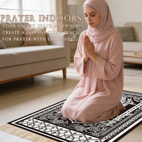 Prayer Mat Ramadan Gifts - Portable Black Prayer Rug Islamic Muslim Tasbih Beads, Praying Carpet for Islamic Man Women Eid Salah Namaz Meditation Decorations for Home