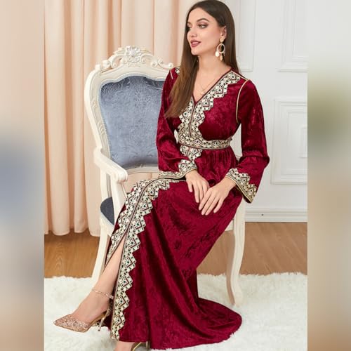 IDOPIP Muslim Women Velvet Dress Embroidery Abayas Long Sleeve V-Neck Moroccan Maxi Kaftan Dubai Robe Arabic Islamic Clothing - color: Wine Red, size: XX-Large