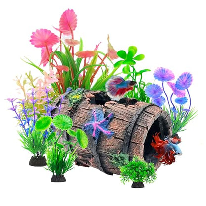 Fish Tank Decorations kit, Aquarium Decor Starfish Broken Barrel x 1pc, Fish Tank Accessories Aquatic Plants x 7pcs