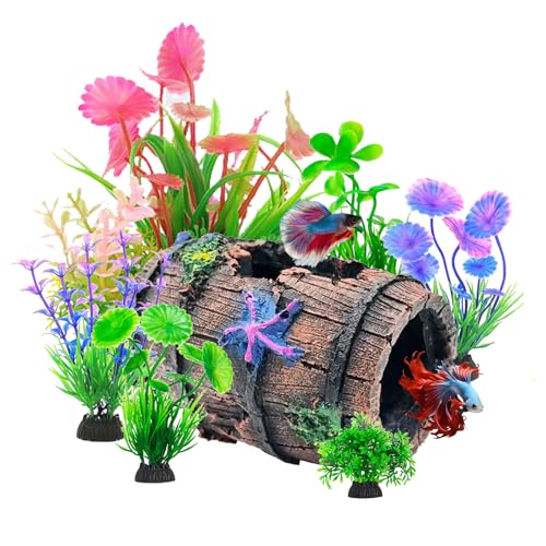 Fish Tank Decorations kit, Aquarium Decor Starfish Broken Barrel x 1pc, Fish Tank Accessories Aquatic Plants x 7pcs