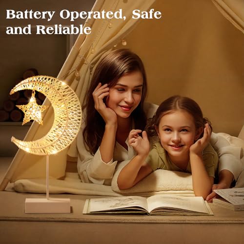 Lewondr Decorative Table Lamp, Christmas Moon Star Ramadan Desk Lamp Battery Powered Warm LED Crescent Light for Xmas Home Bedroom Bedside Desktop Nightstand Decoration, White - style: Moon + Star