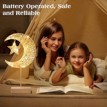 Lewondr Decorative Table Lamp, Christmas Moon Star Ramadan Desk Lamp Battery Powered Warm LED Crescent Light for Xmas Home Bedroom Bedside Desktop Nightstand Decoration, White - style: Moon + Star
