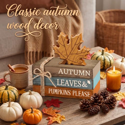4 Pcs Fall Decorations for Home Rustic Autumn Wooden Maple Leaves Book Stack Block Sign Decorative Fall Tiered Tray Decor Thanksgiving Table Centerpiece for Harvest Office Kitchen Shelf Indoor - style: Maple Leaves