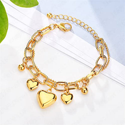 ZKXXJ Allah Bracelet for Women Teen,Muslim Islamic Link Bracelet with Heart Charm Jewelry Islam Arabic God Charm Stainless Steel 2 Layers Chain Bracelet,Adjustable - color: Gold