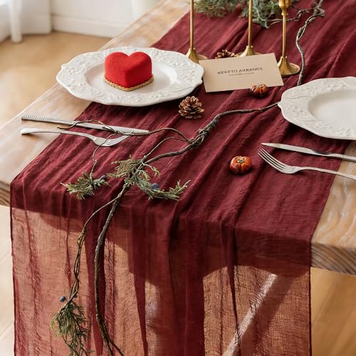 3Pcs Burgundy Cheesecloth Table Runner 120 Inches for Chirstmas Home Decor - color: Burgundy, size: 35"x120"(Pack of 3)