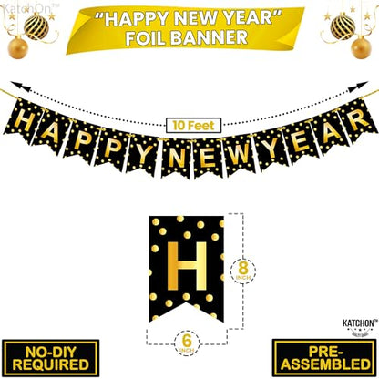 KatchOn, New Years Eve Plates and Napkins Set - Serve 25 Guest | Gold Fringe Curtain Backdrop, Happy New Year Banner | Gold Backdrop, New Years Plates and Napkins and Cups, Happy New Year Decorations