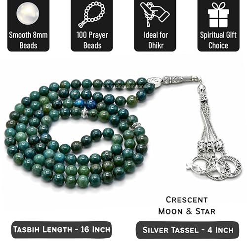 Amazing Gemstone Moss Agate Tasbeeh with Moon and Star Charm - Certified Crystal Muslim Prayer Beads Natural Gemstone Tasbih Gift for Ramadan Dhikr and Daily Namaz (S) - color: Moss Agate