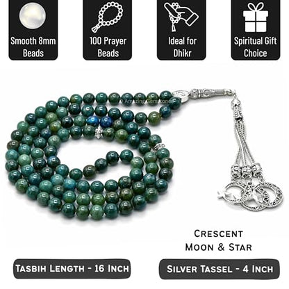 Amazing Gemstone Moss Agate Tasbeeh with Moon and Star Charm - Certified Crystal Muslim Prayer Beads Natural Gemstone Tasbih Gift for Ramadan Dhikr and Daily Namaz (S) - color: Moss Agate