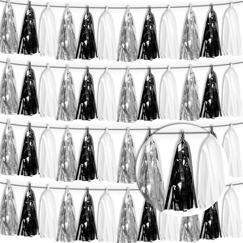 4P Black Silver white Tassel Banner Garland Metallic Foil Fringe Banner Tinsel Tassels Streamer Banner Backdrop for Parade Floats, Graduation Decorations, Halloween, Christmas Decorations - color: Black Silver White