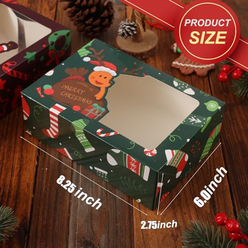CHOUNYEE 24 Pack Christmas Cookie Boxes (8.25x6x2.75 Inch), Christmas Treat Boxes for Gift Giving, Bakery Boxes with Window for Exchange Gift, Holiday Food Cookie gift Containers - color: Christmas(Red,green)