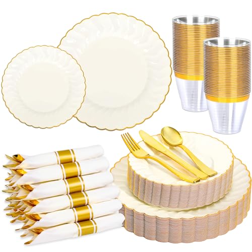210 Pcs Ivory Scalloped Plastic Dinnerware for 30 Guests,Cream Gold Scalloped Disposable Plastic Plates Including 30 Dinner&Dessert Plates,Cups,Silverware for Party,Wedding - color: Ivory, size: 30 Guests