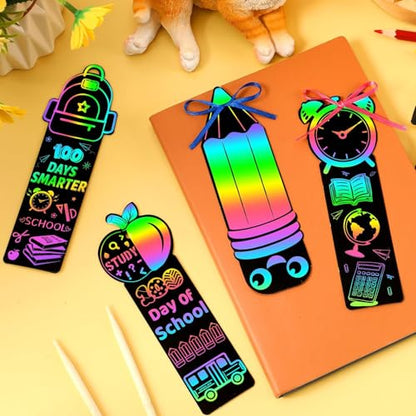 JUNEBRUSHS 30Pcs 100 Days of School Scratch Bookmarks, Rainbow Magic Scratch Paper Art for Kids 100 Days of School Craft for 100th Day of School Gifts Activities Project Party Favors - style: 100 Days of School Style