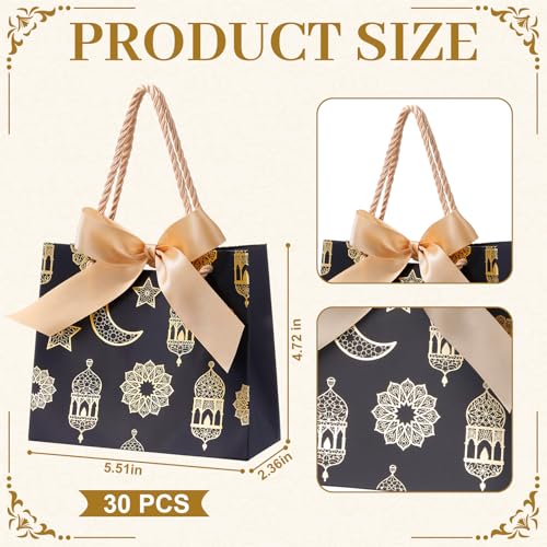 Marspark 30 Pcs Ramadan Mubarak Reusable Gift Bags with Bow, Black Gold Foil Stamping, Eid Lantern Treat Bags with Handles, Reusable Eid for Gifts Wrapping, Kareem Party Supplies, 14 * 6 * 12cm - style: Eid Lantern