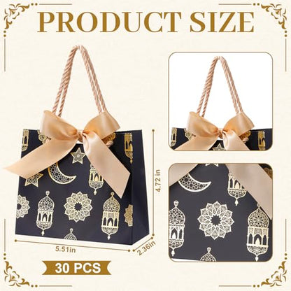 Marspark 30 Pcs Ramadan Mubarak Reusable Gift Bags with Bow, Black Gold Foil Stamping, Eid Lantern Treat Bags with Handles, Reusable Eid for Gifts Wrapping, Kareem Party Supplies, 14 * 6 * 12cm - style: Eid Lantern