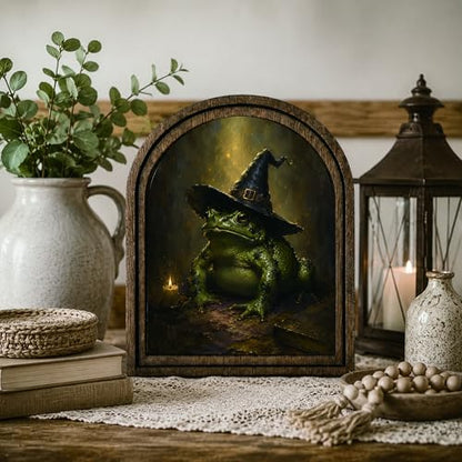 Witch Frog Halloween Arched Table Sign - color: Snowy Evergreen Tree