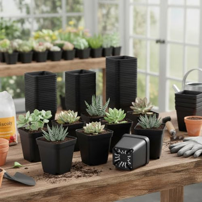60 Pcs Nursery Pots 2.7 Inch, Plastic Seed Starting Pot with Drainage Holes, Sturdy Seedling pots for Planting, Cuttings (Black) - color: Black, size: 2.7 Inch-60P