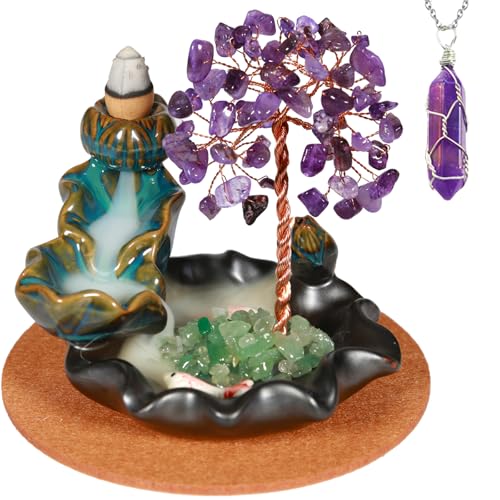 Amethyst Incense Holder Burner, Waterfall Fountain Backflow Cone Burner, Healing Crystal and Stone, Women Gifts for Christma - color: Amethyst Burner