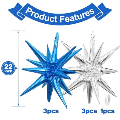 Blue Silver Star Balloons, 6PCS 22 Inch Foil Explosion Star Balloons - color: Blue Silver