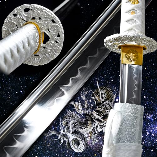41'' Clay Tempered 1095 Carbon Steel Silvery Dragon Sharp Japanese Samurai Katana Sword