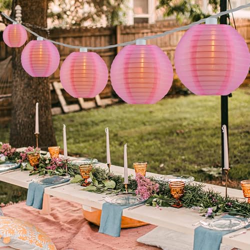 HOSY 10-Pack Pink 3-in Lanterns, 11 ft White Wire Plug-in UL String Lights | Self-assembly Required, Nylon Fabric, 3-in Diameter, 12-in Spacing, End-to-end Connectable, UL Certified - color: Pink