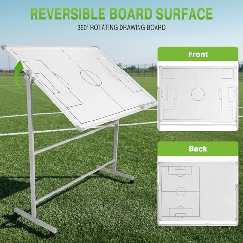 Generic Soccer Coaching Board 360 Degree Reversible Height Adjustable Whiteboard with Wheels Double-Sided Dry Erase Board with Magnets Pen & Eraser for Teaching Training - color: Football