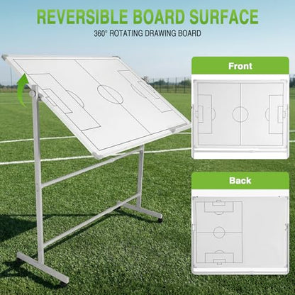 Generic Soccer Coaching Board 360 Degree Reversible Height Adjustable Whiteboard with Wheels Double-Sided Dry Erase Board with Magnets Pen & Eraser for Teaching Training - color: Football