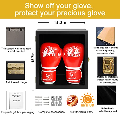 Boxing Glove Display Case Wall Mount Lockable Full Size pro UV Protected Clear Acrylic Holder Box for Baseball Boxing Signed Glove (Black - Single Glove) - color: Black - Double Gloves