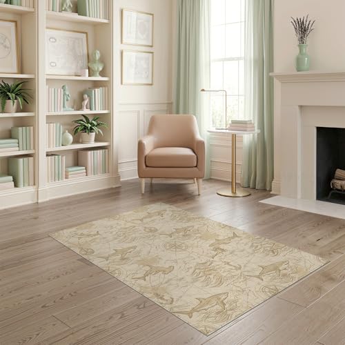 4'x6' Washable Distressed Map Accent Rug, Beige Non-Shedding Small Carpet for Playroom, Bedroom, Reading Nook, Pet Friendly & Non-Slip | Ref:2067334 - color: Beige/Pattern 31, size: 4' x 6' (Rectangular)