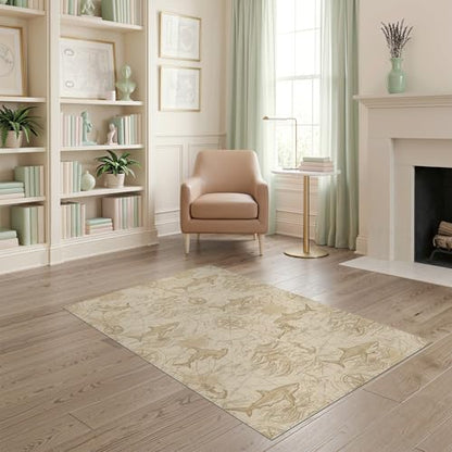 4'x6' Washable Distressed Map Accent Rug, Beige Non-Shedding Small Carpet for Playroom, Bedroom, Reading Nook, Pet Friendly & Non-Slip | Ref:2067334 - color: Beige/Pattern 31, size: 4' x 6' (Rectangular)