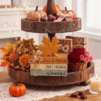 4 Pcs Fall Coffee Table Decorations Fall Tiered Tray Decor Thanksgiving Centerpiece Rustic Wooden Hot Cocoa Cup Maple Leaves Pumpkin Block Sign for Autumn Harvest Bar Kitchen Shelf Home - style: Fall Leaves