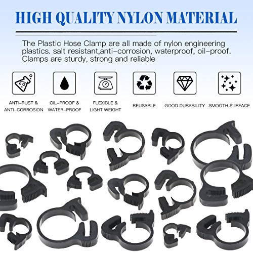 Glarks 121Pcs 8 Size Heavy Duty Black Double Gripping Nylon Hose Clamps Set, 6.1-26.1mm Plastic Snap Ratcheting Clamps Assortment Kit (Black 121Pcs)