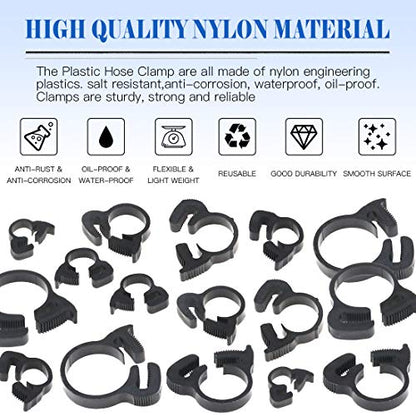 Glarks 121Pcs 8 Size Heavy Duty Black Double Gripping Nylon Hose Clamps Set, 6.1-26.1mm Plastic Snap Ratcheting Clamps Assortment Kit (Black 121Pcs)