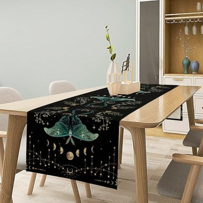 Beautiful Moth Table Runner, Moon Phase Plant Mushroom Butterfly Gothic Witchy Celestial Boho Table Runner for Home Kitchen Dining Patio Holiday Party 13x36in - color: Moth-1, size: W13''xL36''