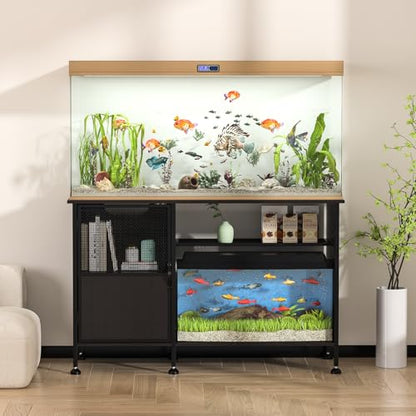55-75 Gallon Fish Tank Stand, Aquarium Stand with Open Shelf, Heavy Duty Fish Tank Rack with Cabinet Storage, 52" L*19.7" W Tabletop fits Aquarium,Turtle Tank,or Reptile Terrariums Black