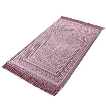Modefa Luxury Velvet Prayer Rug with Prayer Beads | Soft Elegant Muslim Turkish Janamaz Sajada Carpet for Men and Women | Plain Solid Prayer Mat Ramadan Eid Gift - Najma (Dark Pink) - color: Najma Dark Pink