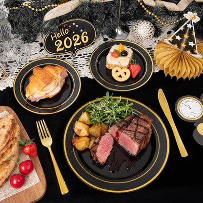 350 Pieces Black and Gold Plastic Plates with Disposable Silverware, Include 50 Dinner Plates 9”, 50 Dessert Plates 6.3”, 50 Black Cups 9 OZ, 50 Pre Rolled Napkins for New Year (Pack of 2) - color: Black - Modern, size: 350PCS (Pack of 2)