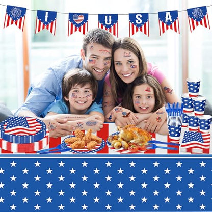 108PCS 4th of July Party Supplies American Flag Tableware Set Forth of July Patriotic Party Decorations Patriotic Paper Plates and Napkins Tablecloth Memorial Independence Day Dinnerware for 16 Guests - style: 4th of july