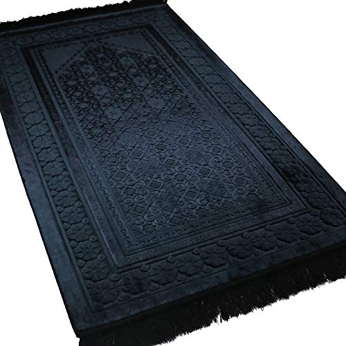 Modefa Velvet Prayer Rug - Soft Plush Turkish Janamaz Sajada Carpet for Men and Women - Plain Solid Prayer Mat Ramadan Eid Gift - with Prayer Beads - Luxury Floral Stamp (Black) - color: Black