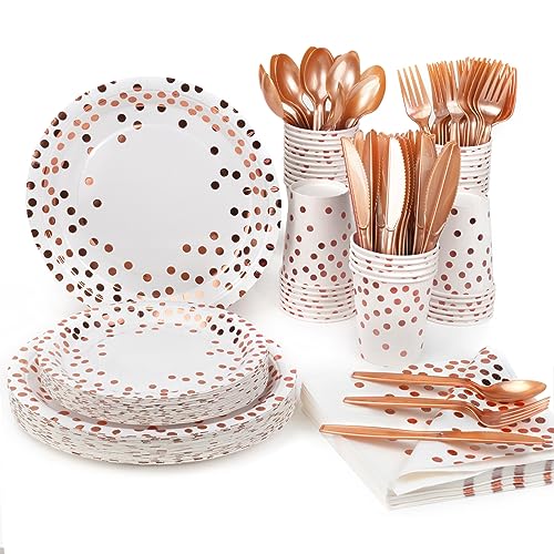 Party Supplies Set - 280 Pieces of White and Rose Gold Dot Paper Plates, Cups, Napkins, and Heavy Duty Silverware for 40 Guests for Birthdays, Graduation, Wedding, Festivals - color: Rose Gold Dot-280 Pieces