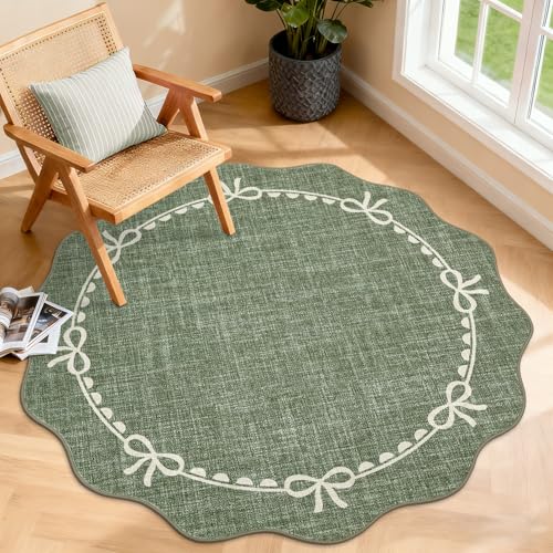 GarveeHome 4ft Round Rugs Washable Scalloped Bow Rug for Bedroom, Green - color: Green, size: 4' (Round)