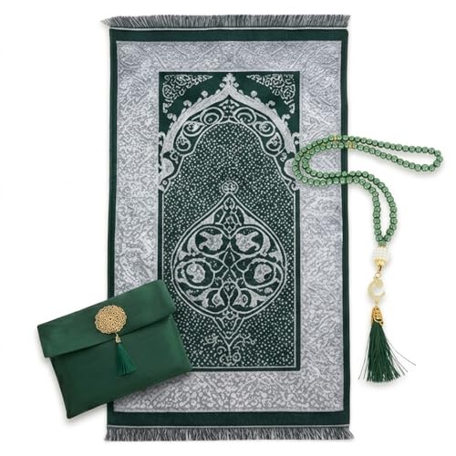 Muslim Prayer Rug with Tasbih and Portable Bag, Muslim Gift for Women Men, Mubarak Islamic Box, Soft Mat Islam Gifts Set, Turkish Sajadah for Ramadan, Eid, Hajj, Travel, Pray (Emerald) - color: Green