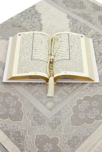 ihvan online Prayer Gift Box for Hajj and Umrah, Muslim Prayer Rug, Islamic Mat, 99 Pearly Beads Tesbih, Holly Quran with French Translation, Islamic Deluxe Set for Ramadan & Eid Gift - color: White / Set 3