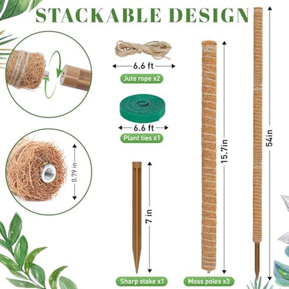 54 Inch Moss Pole for Climbing Plants Indoor | 3 Pack 16 Inch Monstera Plant Support Coir Plant Pole Sticks Support Stakes for Potted Plants, Pothos, Philodendron