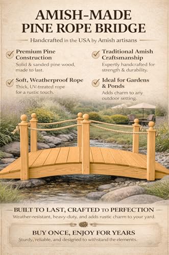 8 FT Oak Amish Rope Rail Garden Bridge, Pinewood - size: 8 FT Bridge & Rope