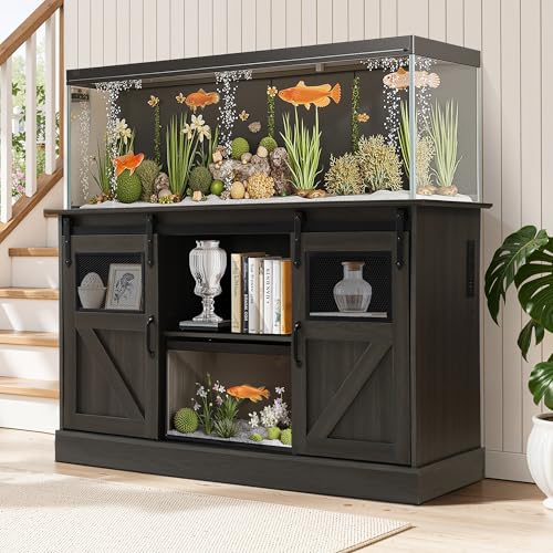 MAGIC UNION 55-75 Gallon Large Fish Tank Stand with Power Outlet, 1300LBS | Heavy Duty Aquarium Stand with Sliding Barn Doors, Turtle Reptile Terrarium Stand with Cabinet for Accessories Storage, Gray - color: Gray